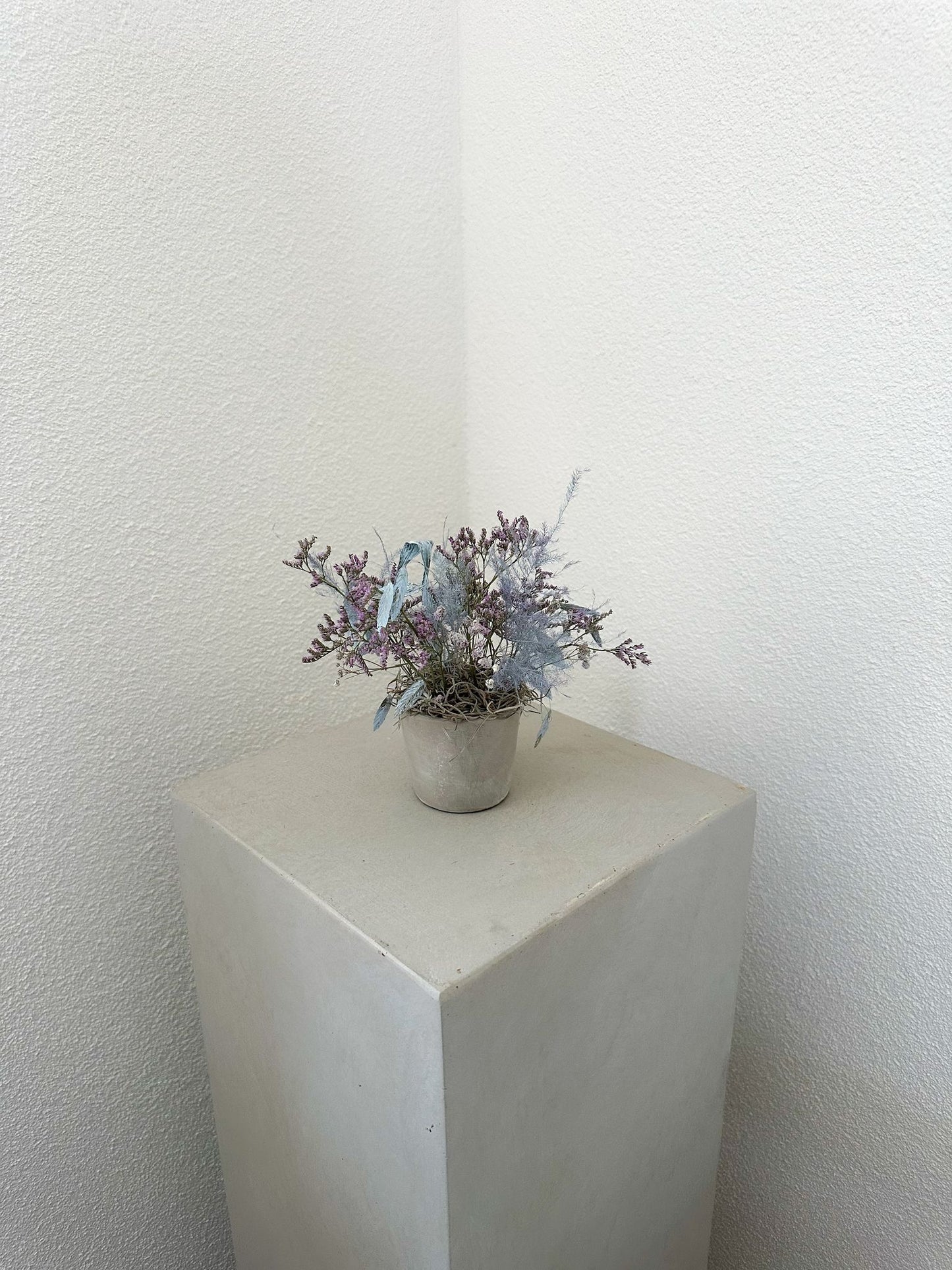 Detailansicht von Trockenblumenarrangement „Sina“ mit Fokus auf Farn, Statice und Naturfasern – zart & strukturiert.