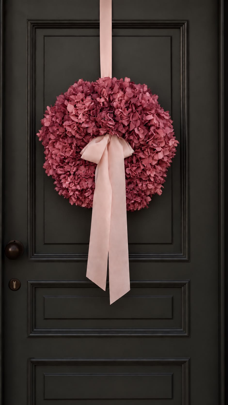 Himbeerfarbener Hortensienkranz mit rosa Schleife an einer dunklen Haustür