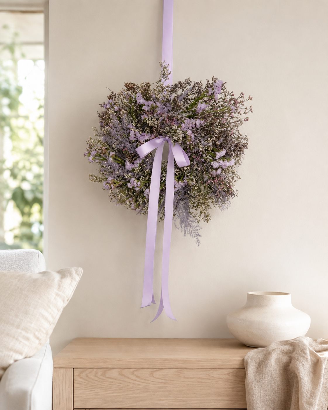 Kranz Melora 50 cm als handgefertigter Trockenblumenkranz im Wohnraum